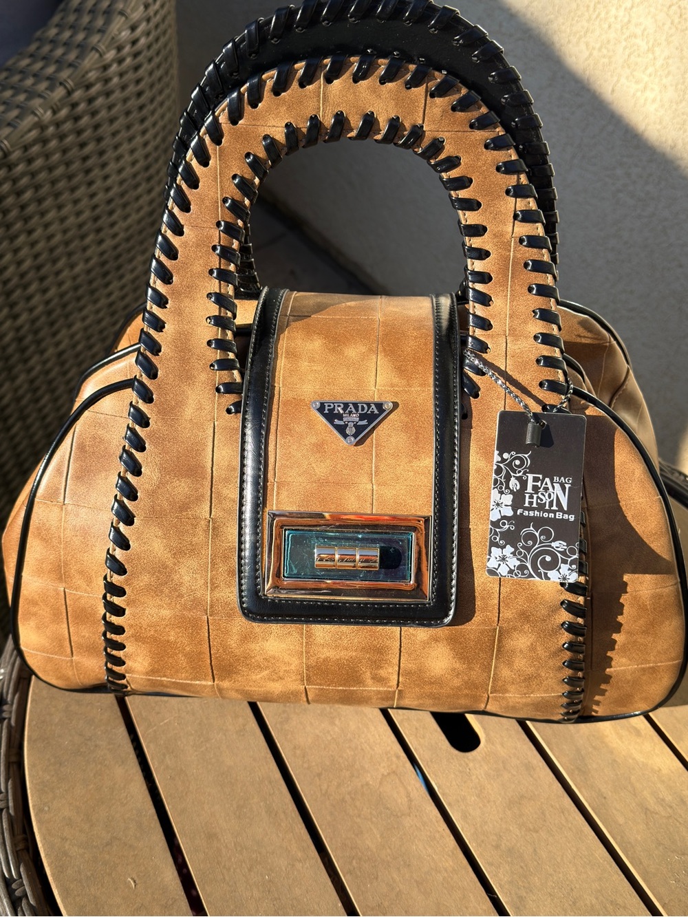 Designer Inspired Tan Satchel with Black Trim and Whipstitch Handles